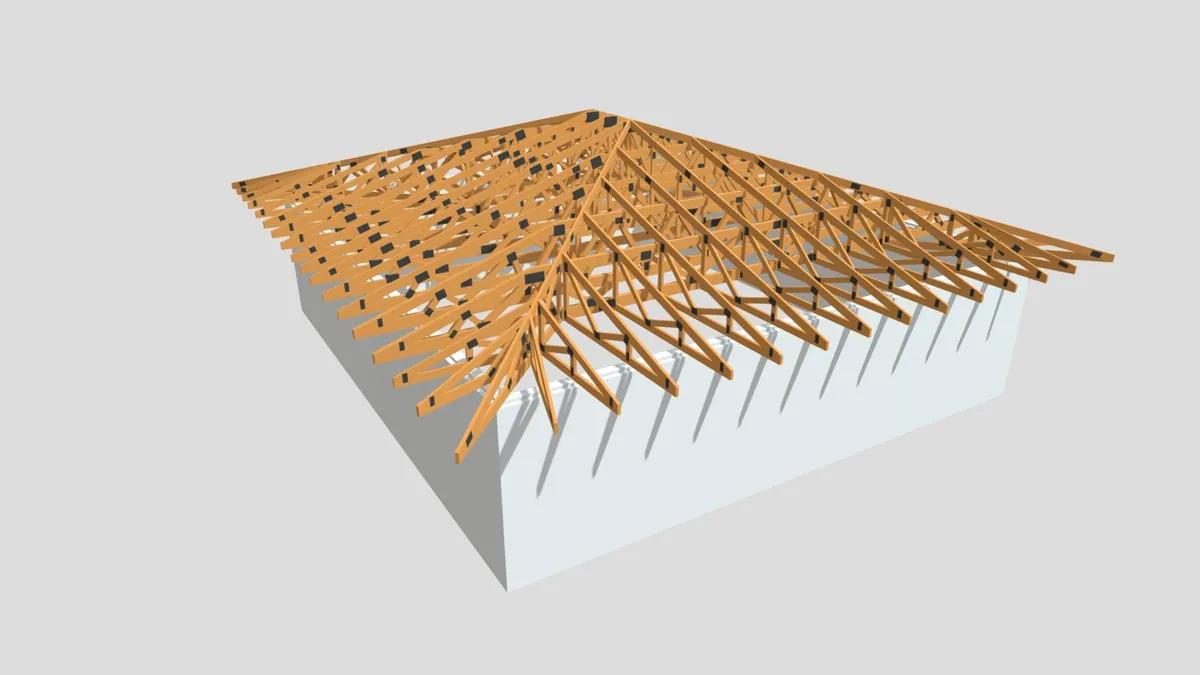 Alacsony hajlású tető — fa rácsostartós tetőszerkezet 3D modellje