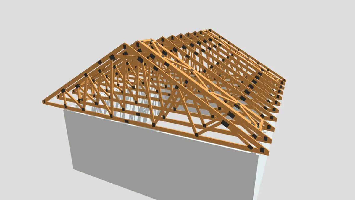 Kontyolt tető, egyszerű alaprajz — fa rácsostartós tetőszerkezet 3D modellje