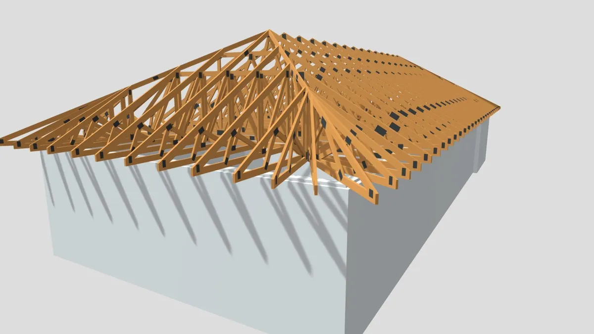 Nagy alapterületű kontyolt tető — fa rácsostartós tetőszerkezet 3D modellje