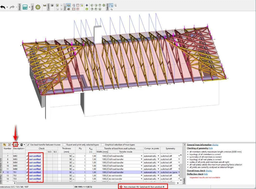 TRUSS4 Truss 3D — teherábra a tetősíkokon, tartónkénti ellenőrzési táblázattal